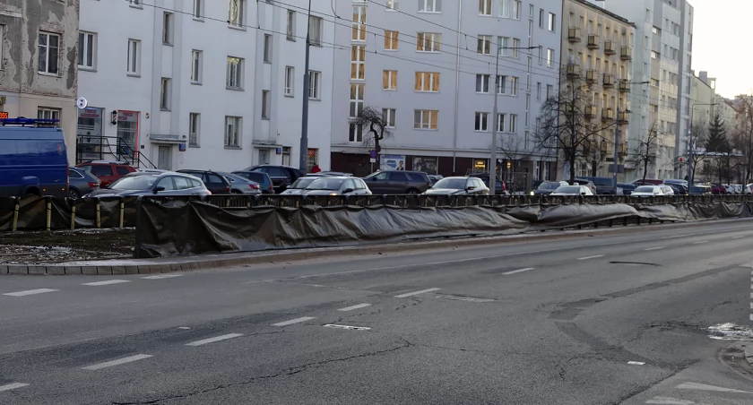 zdjęcie trawnik pomiędzy torami tramwajowymi 